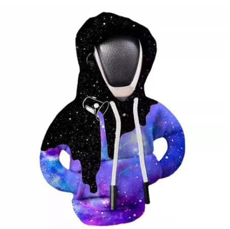Galaxy hoodie keychain on car gear shift, stylish street style accessory gift