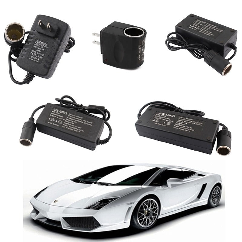 Car power adapters and chargers set with white sports car, quality auto accessories