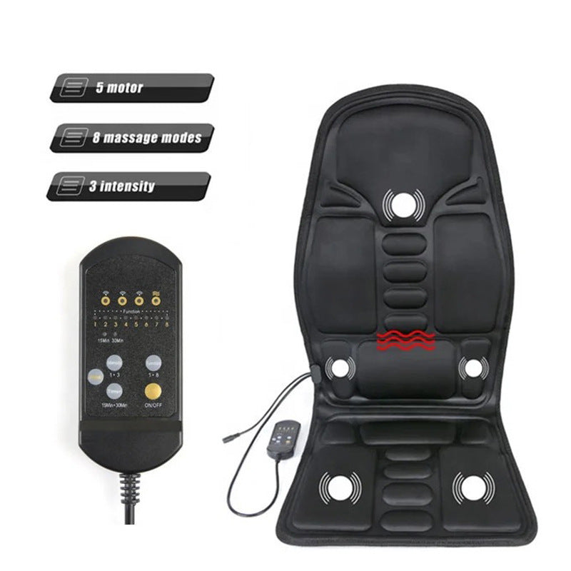 Black massage seat cushion with remote control, 5 motors, 8 modes, 3 intensity levels