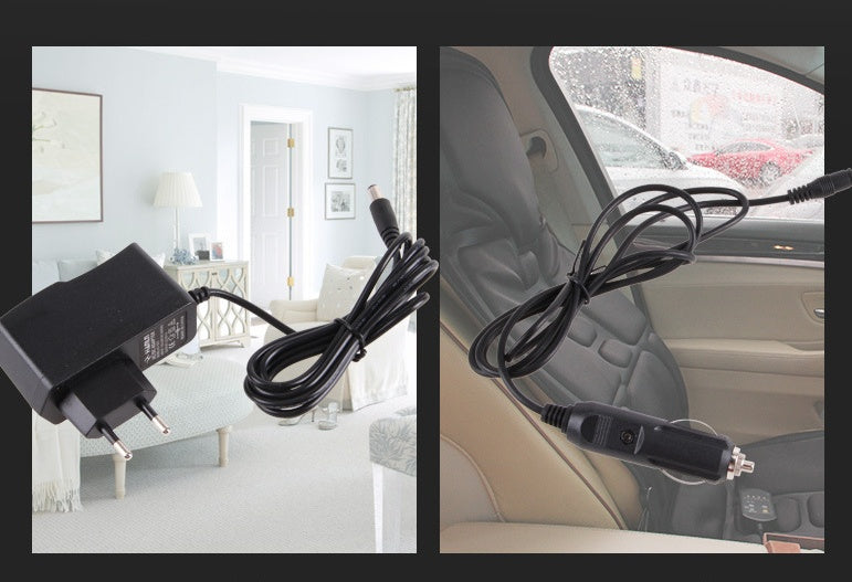 Home and car charger adapters with cables on living room and car seat backgrounds, quality gift