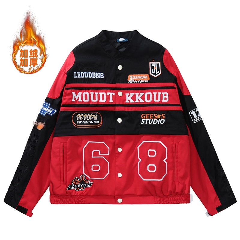 Men's Motorcycle Jacket with Embroidery and Zipper Closure