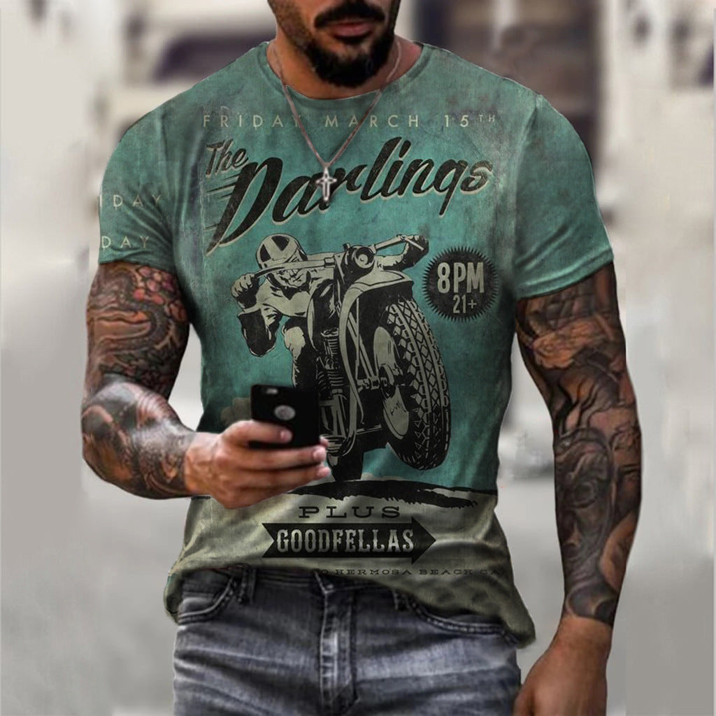 New Men's Motorcycle Imitation Cotton Casual Digital Printing Slim Pullover Men's T-Shirt