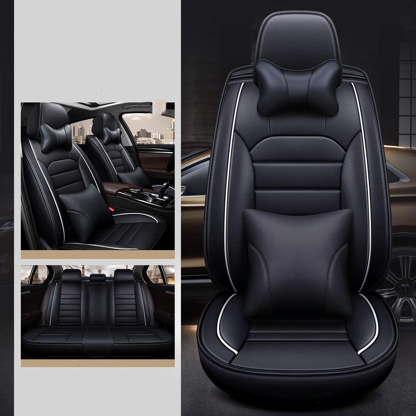 Black leather car seat covers with white trim for front and rear seats, quality auto accessory