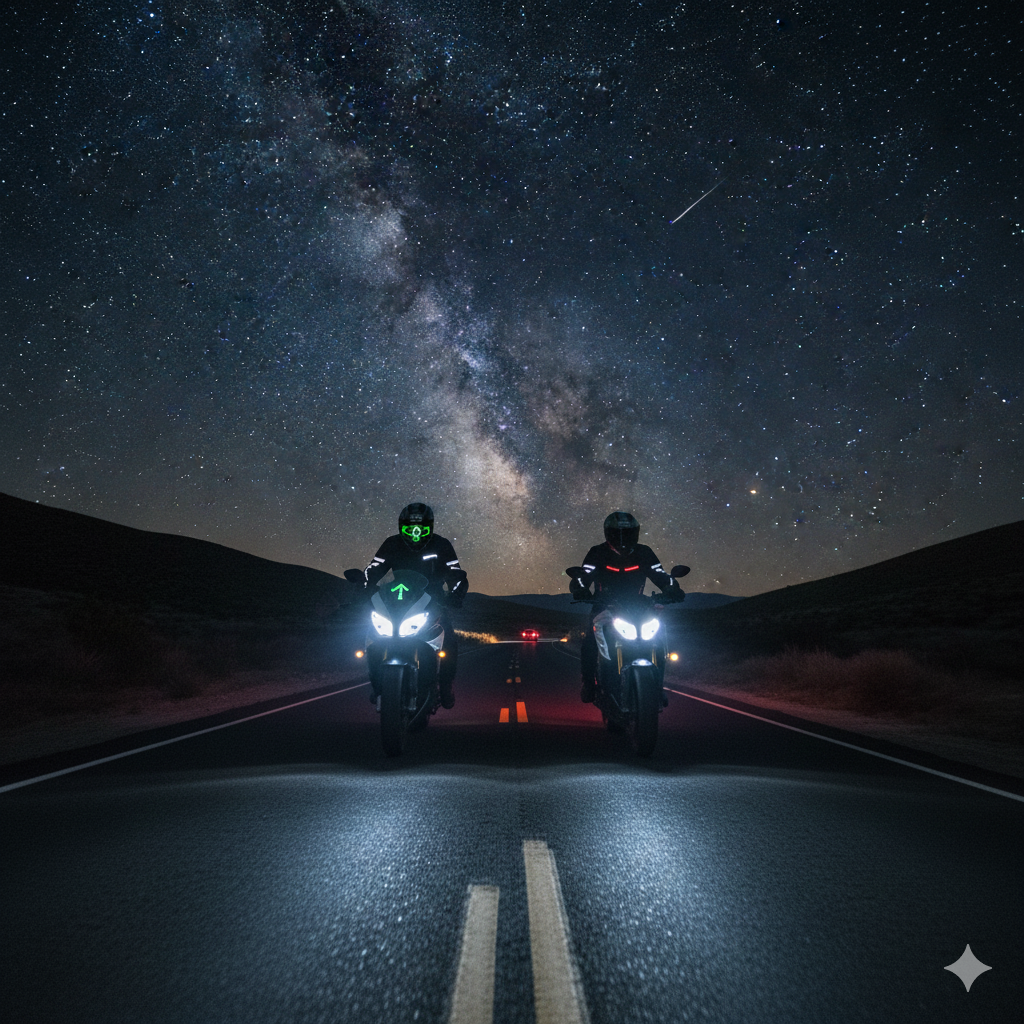 Two motorcyclists with glowing helmets riding on a dark road under a starry night sky