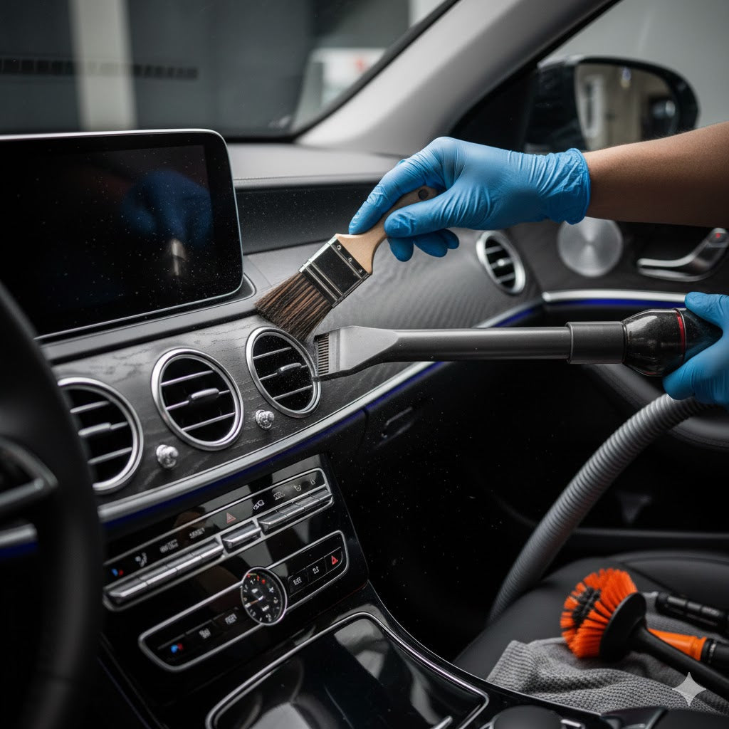 Gloved hands cleaning car interior dashboard with brush and vacuum, quality car care tools