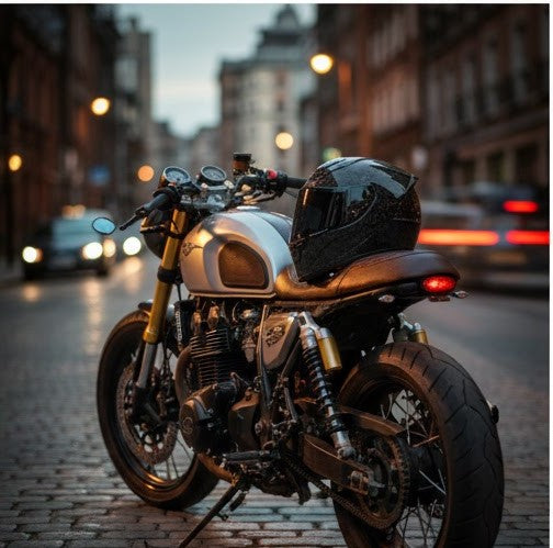 carbon fibre helmet on motorcycle seat on city street setting