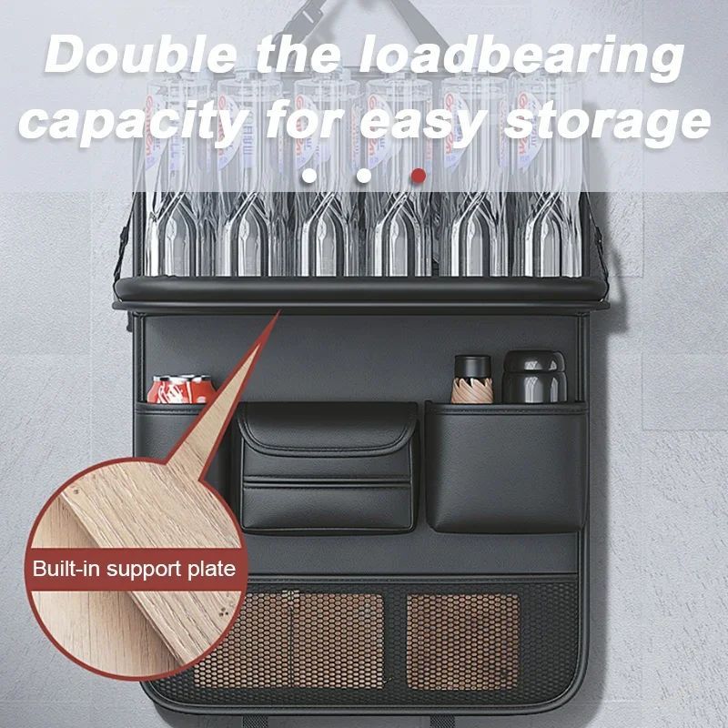 Heavy-duty black hanging storage organizer with built-in support plate, holding bottles and cans.