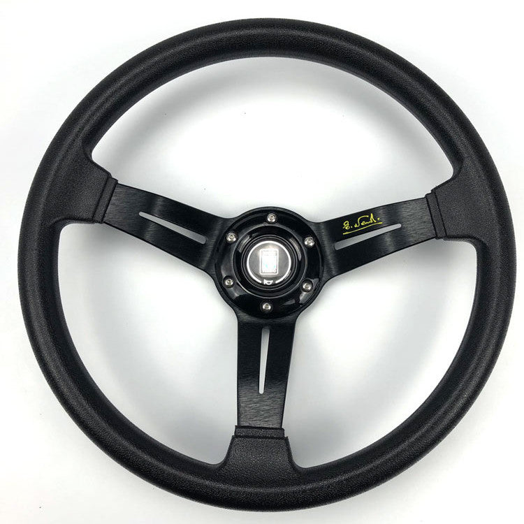 Sleek black street style car steering wheel with metallic center, sps quality gift item