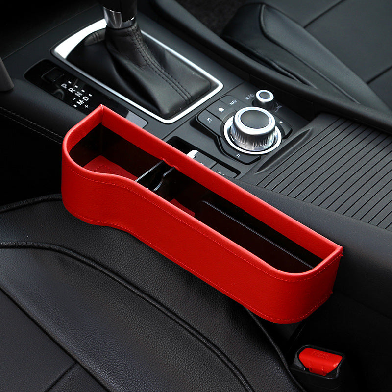 Red car seat gap organizer in black sedan interior, quality car accessory
