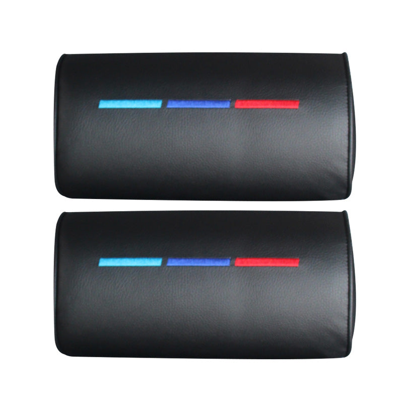 Pair of black leather car neck pillows with blue, dark blue, and red stripes, sps street style