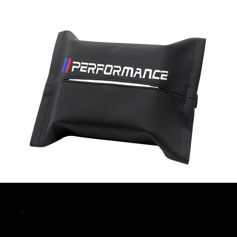 Black leather car tissue holder with PERFORMANCE logo, ideal street style car accessory gift