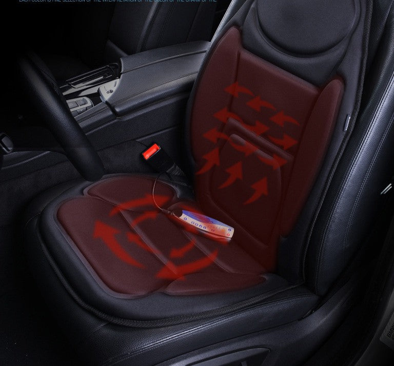 Heated car seat cushion with controller installed in black leather car interior, sps street style