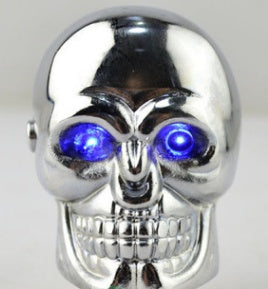 Shiny silver skull decor with glowing blue LED eyes, sps street style quality gift item.