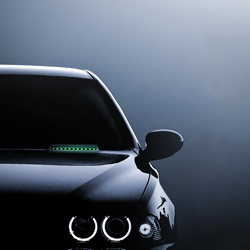 Modern black car with LED display on dashboard, stylish headlights, sps street style