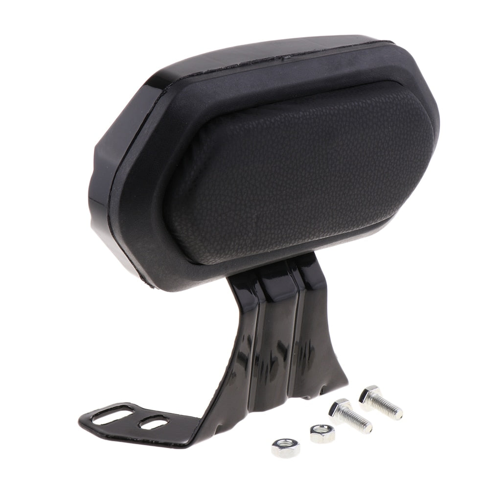 Black motorcycle backrest pad with metal mounting bracket and screws, sps street style accessory
