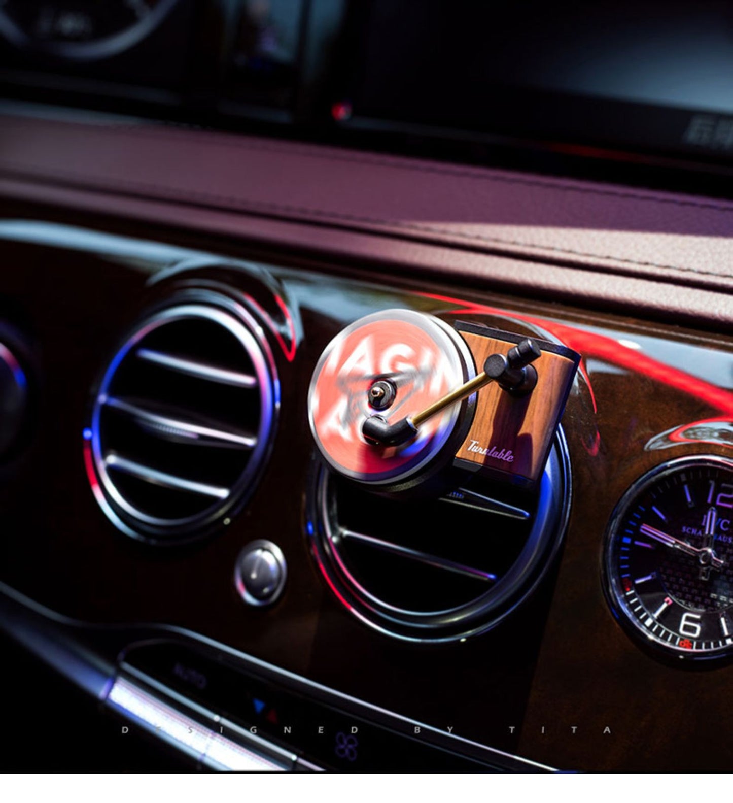 Mini turntable car air freshener on luxury car dashboard vent, quality gift, sps street style