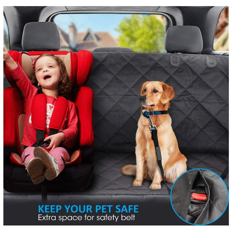 Child in red car seat and dog on quilted car seat cover, promoting pet safety belt