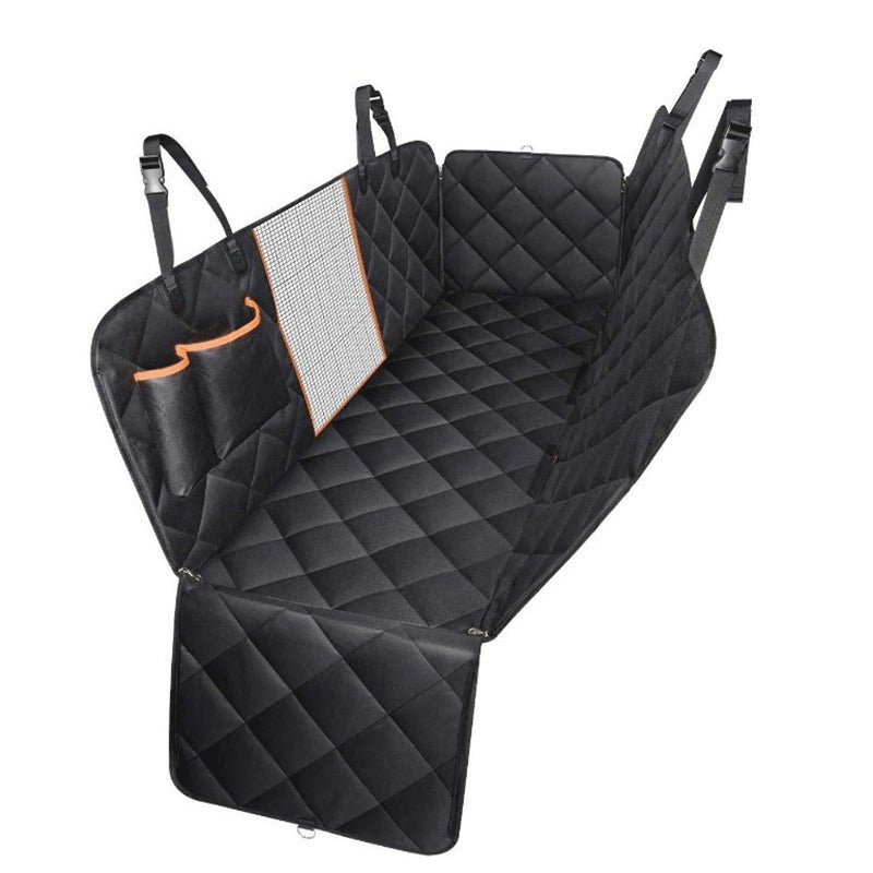 Quilted black car backseat cover with mesh window and storage pockets, quality gift item