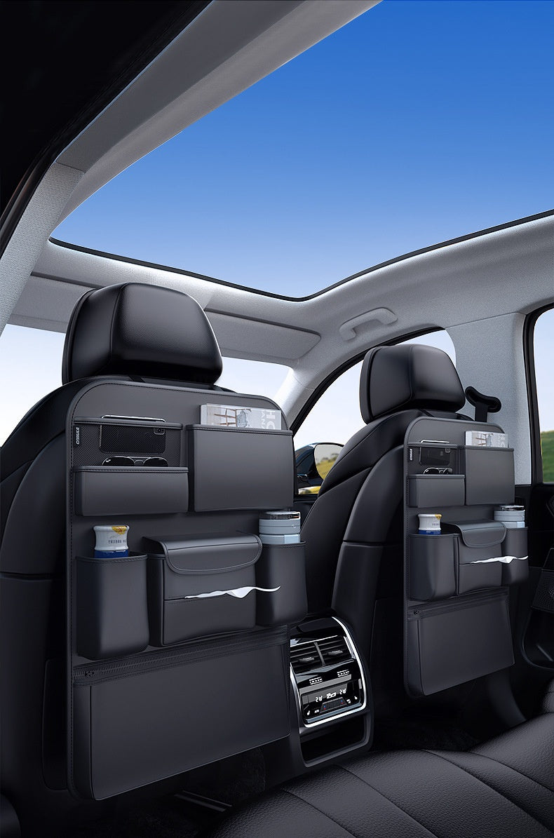 Car interior with black leather seats and organized backseat storage pockets, sps street style