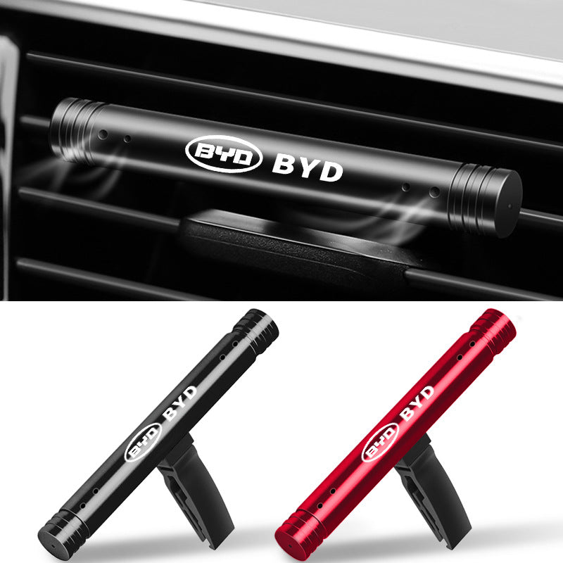 BYD branded car air freshener in black and red, clipped to a vehicle air vent, quality gift item
