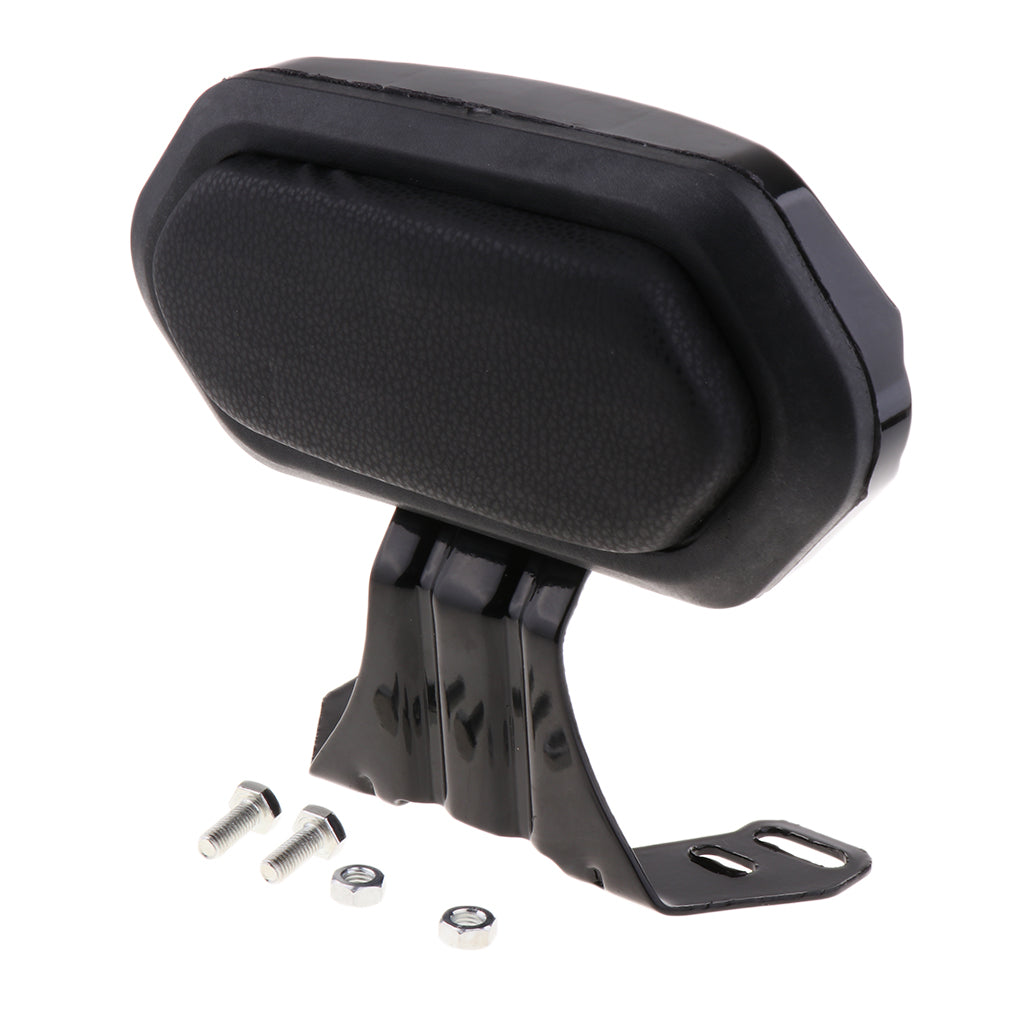 Black motorcycle backrest pad with mounting bracket and screws, sps street style accessory