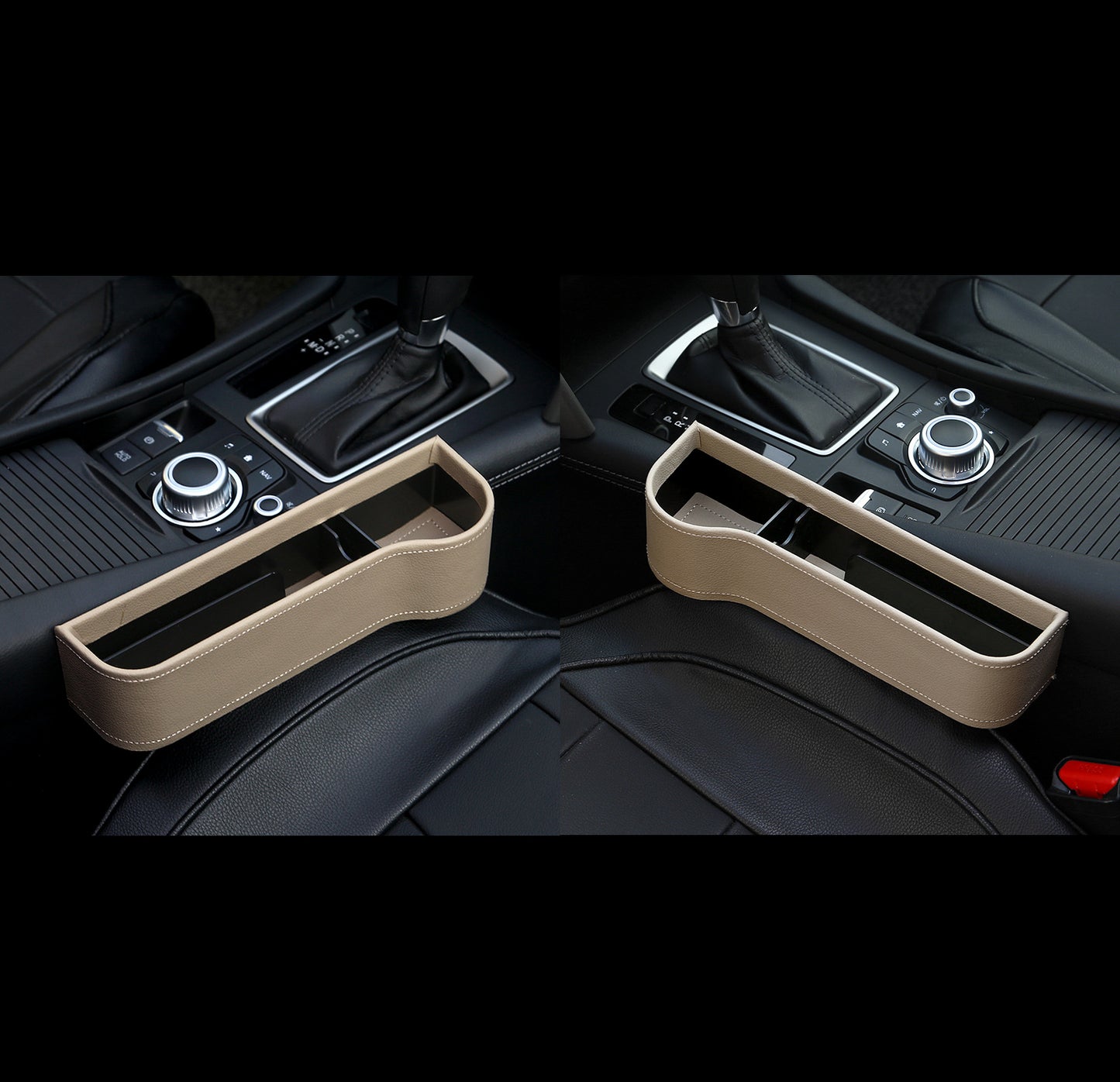 Beige car seat gap organizer in luxury vehicle interior, sps street style quality item