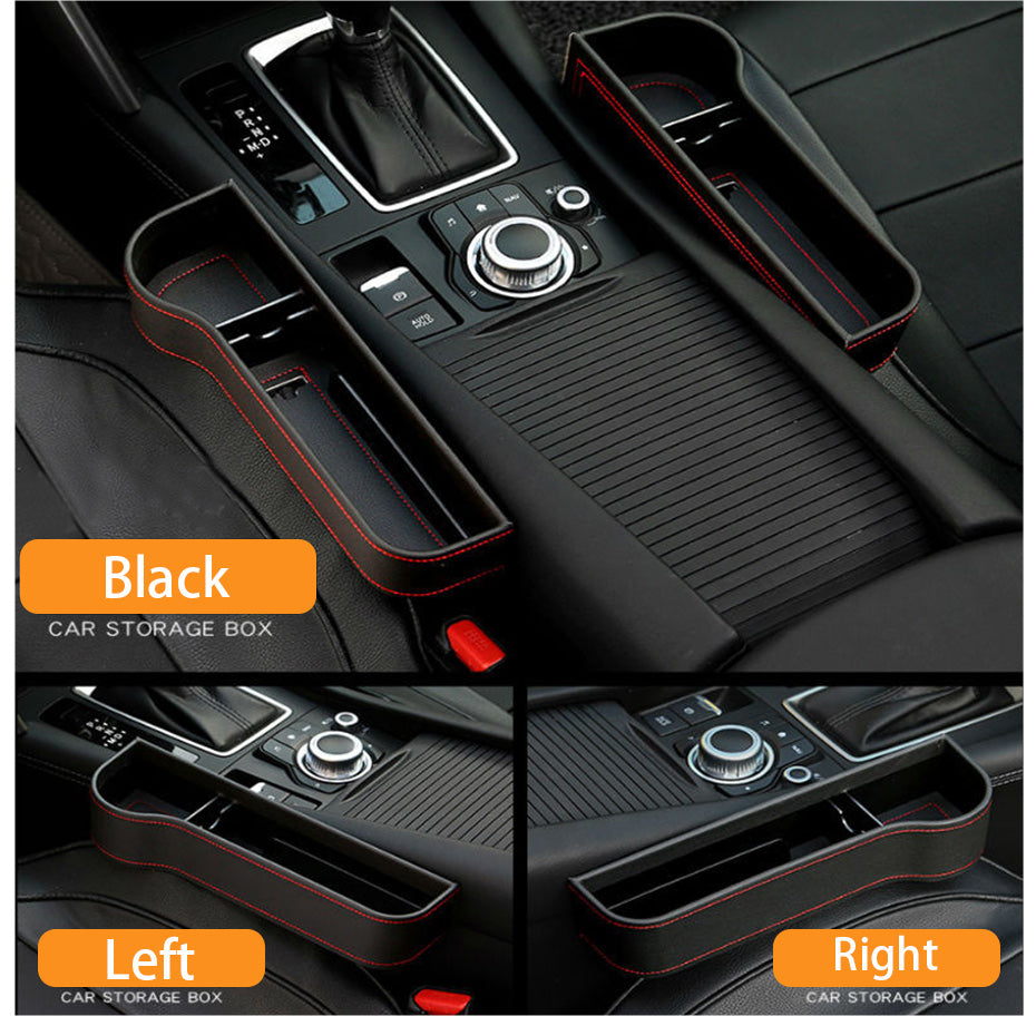 Black car storage box for center console, left and right seat organizer with red stitching