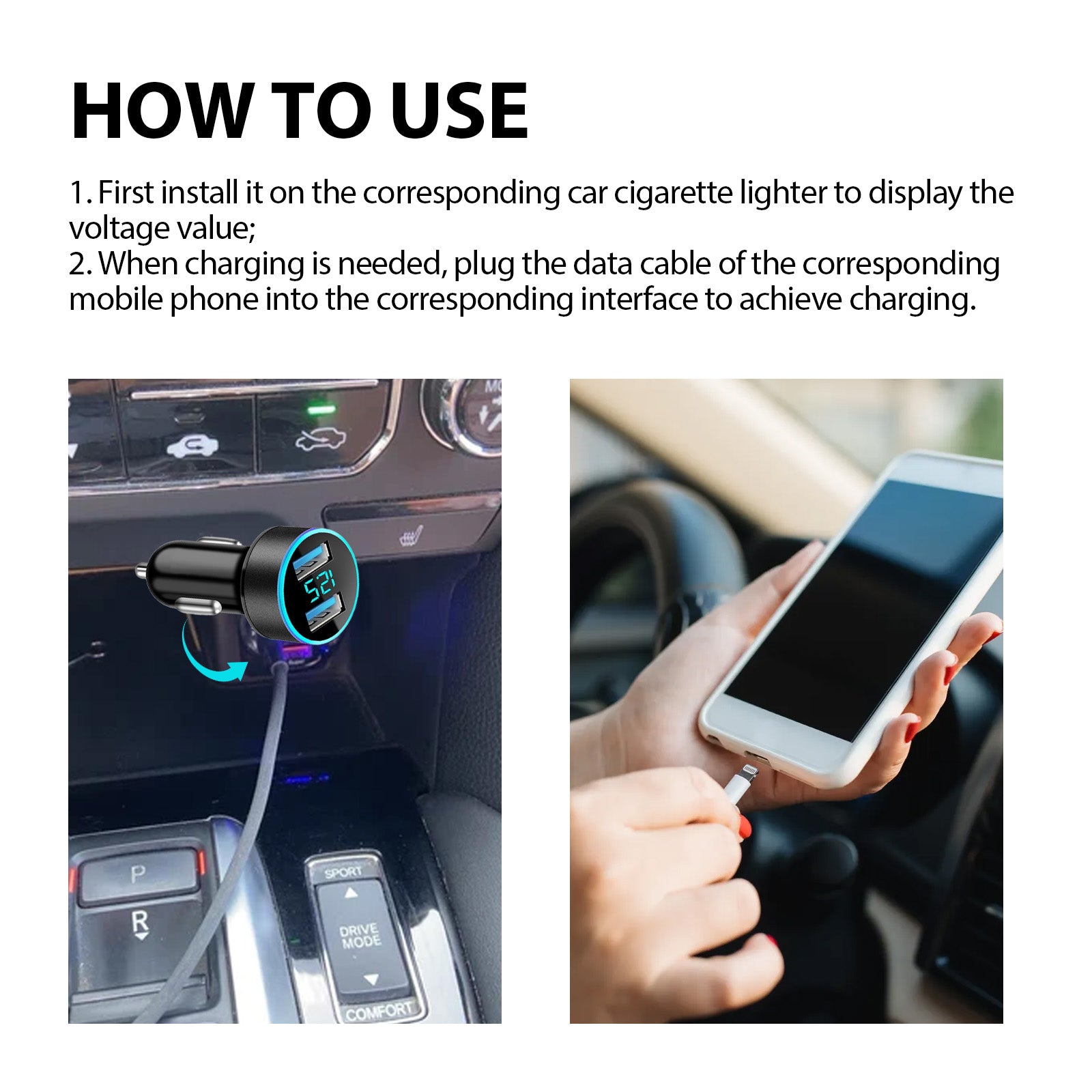 Car USB charger with digital display for charging mobile phone, sps street style quality gift