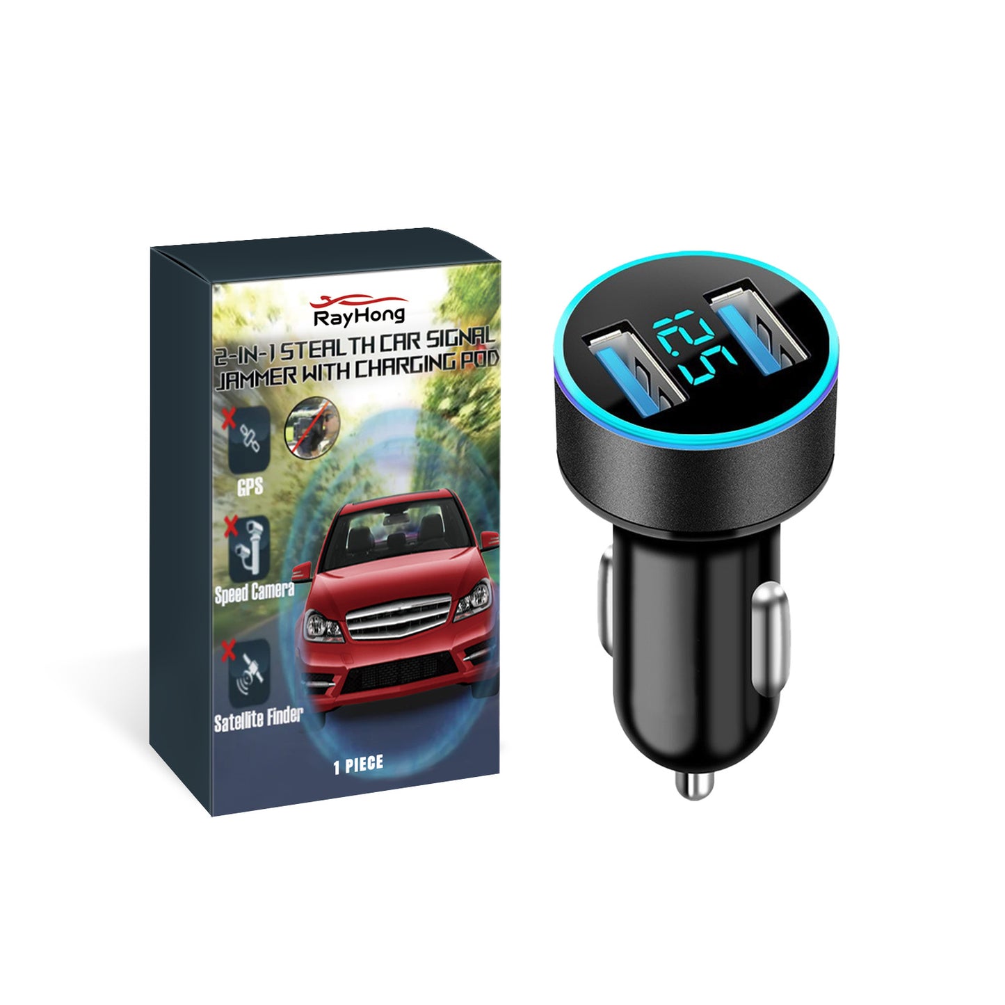Car USB charger with digital display next to product box, sps street style quality item
