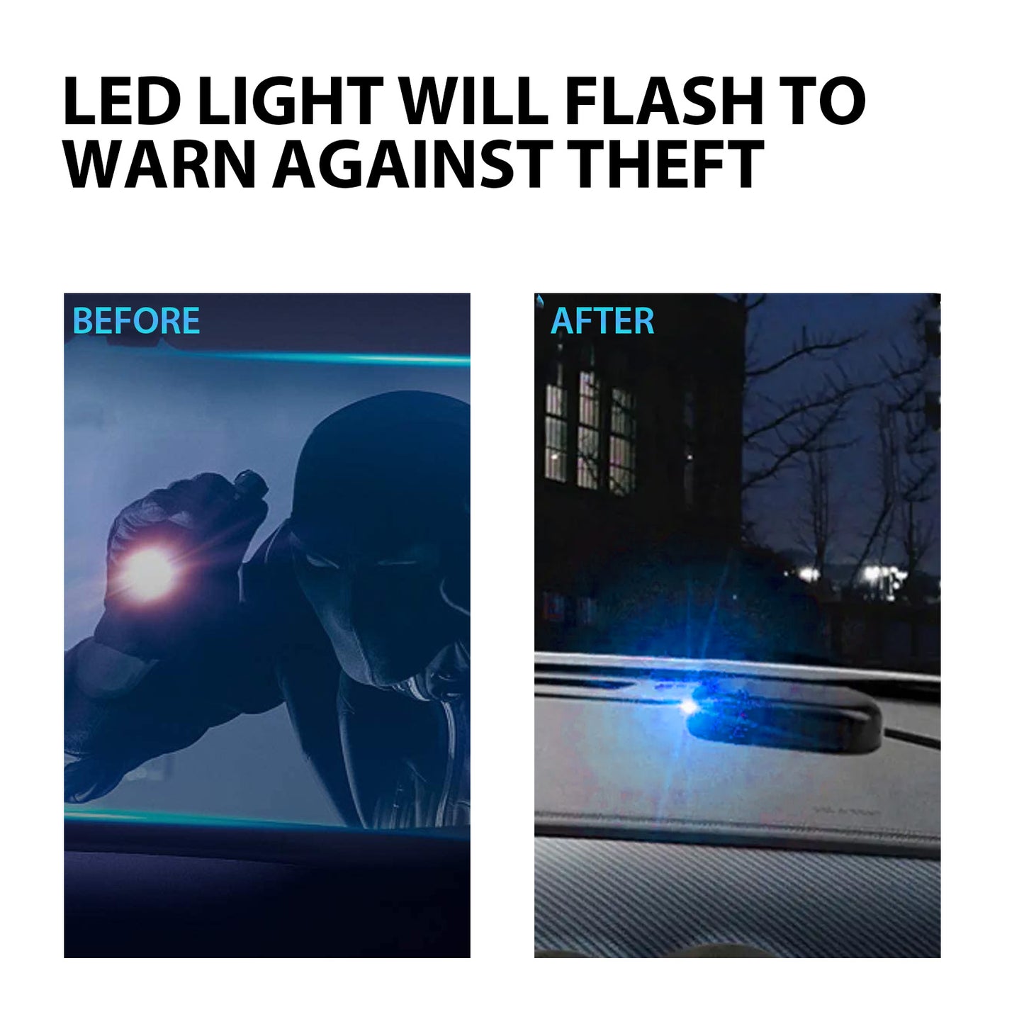 LED car anti-theft warning light flashes blue at night, before and after security effect.