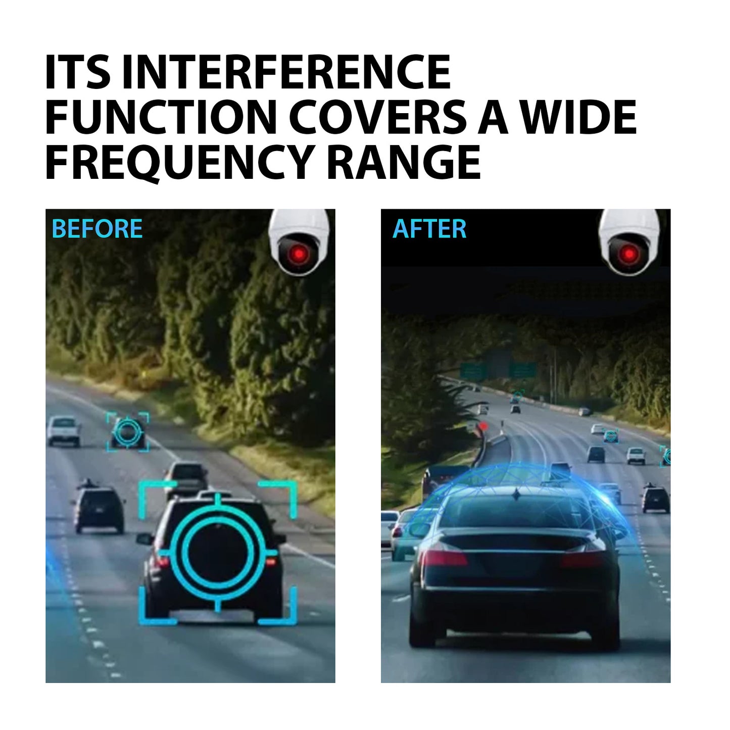 Highway scene with cars showing interference technology before and after, quality gifts sps street style