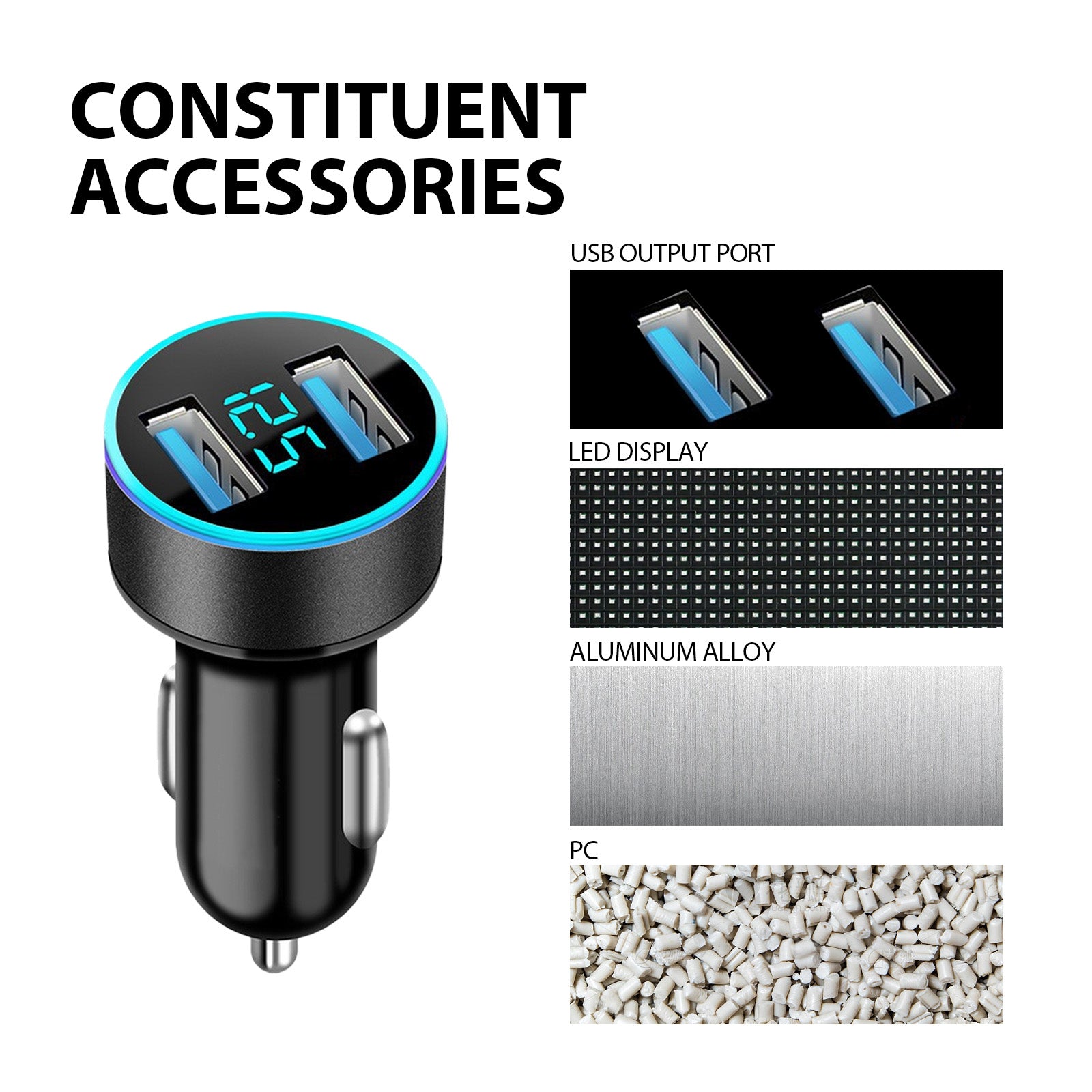 Dual USB car charger with LED display, aluminum alloy and PC material, quality gifts