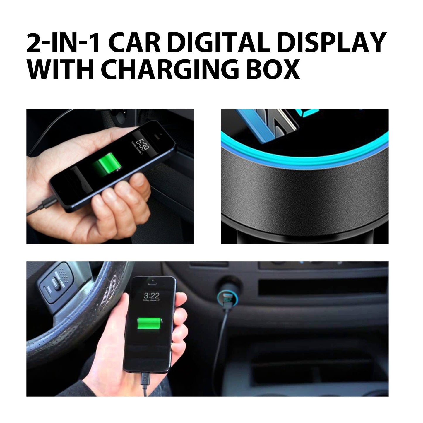 2-in-1 car digital display charging box in use, charging phone in vehicle, sps street style gift