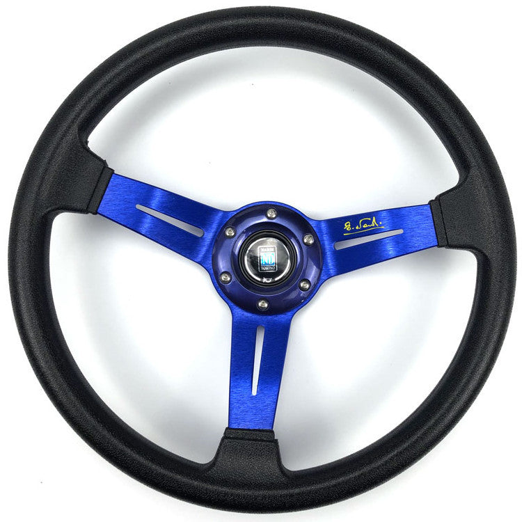 Blue racing steering wheel with black grip, quality car accessory for street style.