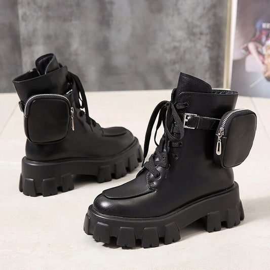 New product Pocket Motorcycle Boots Women Platform Shoes Lace Up Thick-soled Black Military Shoes Woman Half Botas Mujer