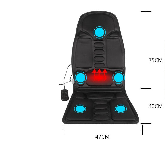 Black massage seat cushion with heat, vibration zones, remote, and size measurements