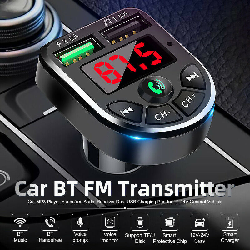 Car Bluetooth FM transmitter with digital display, USB ports, and control buttons on dashboard