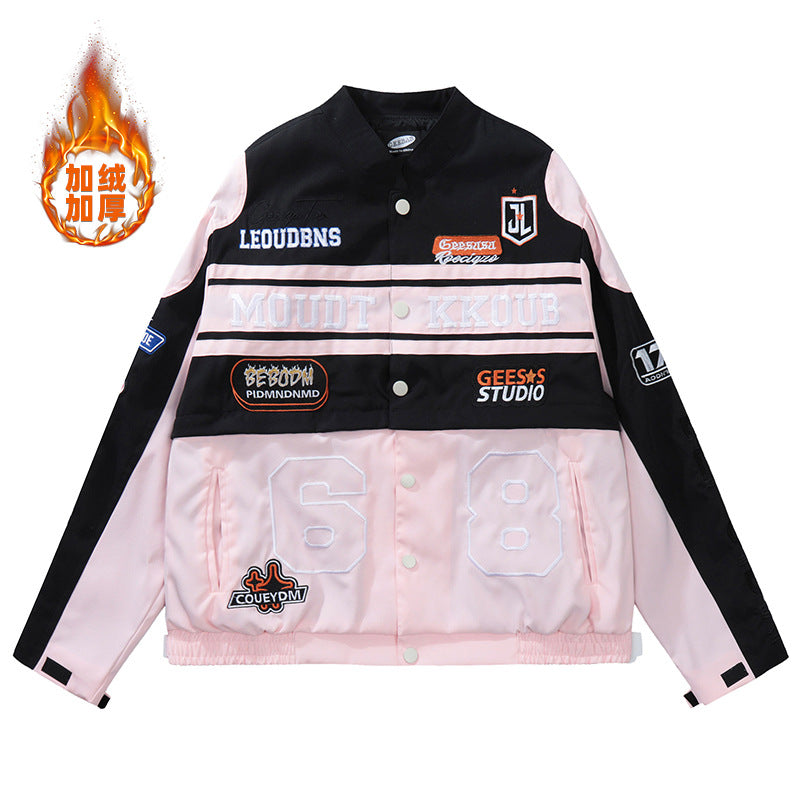 Men's Motorcycle Jacket with Embroidery and Zipper Closure