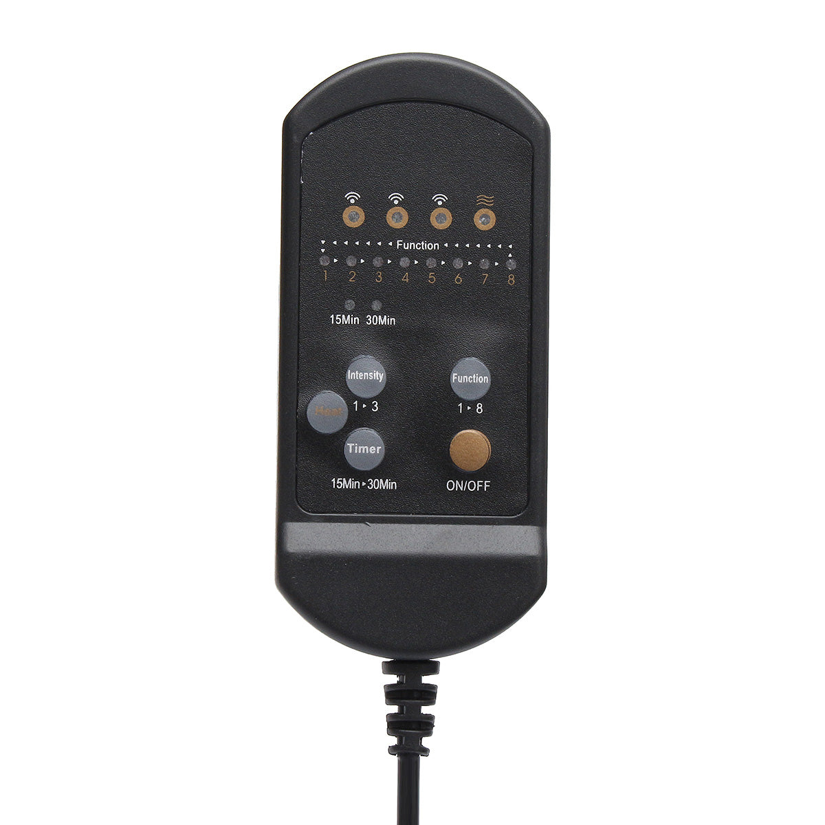 Black electronic remote control with timer, intensity, and function buttons, gift item