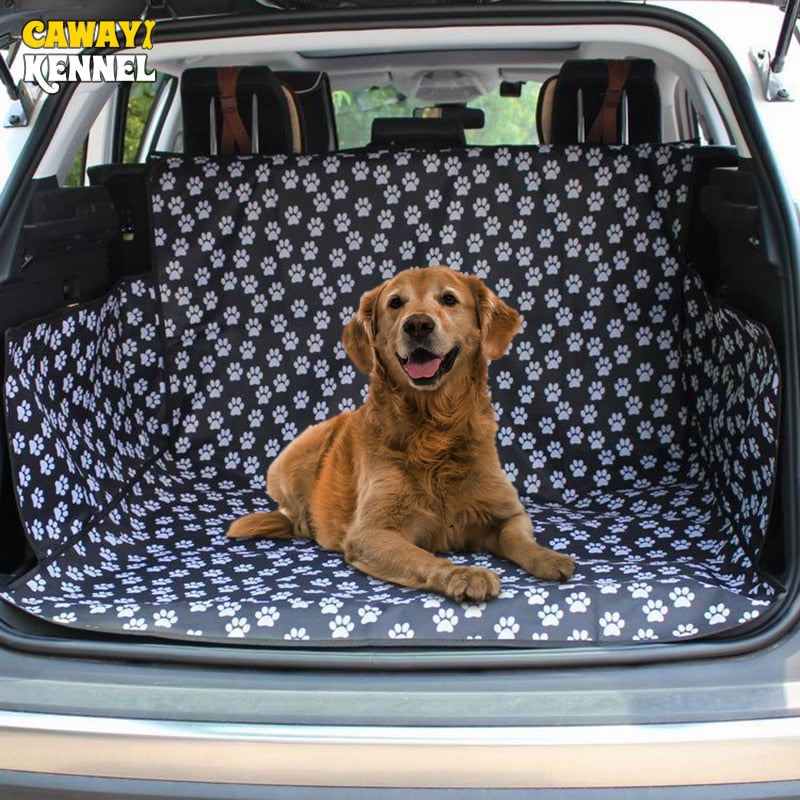 Golden retriever sitting on paw print car trunk cover, quality pet accessory