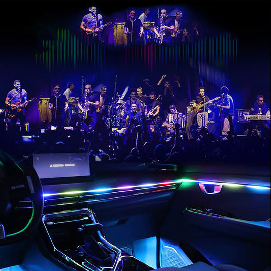 Live band performing on stage above a car interior with colorful LED ambient lights, sps street style vibe