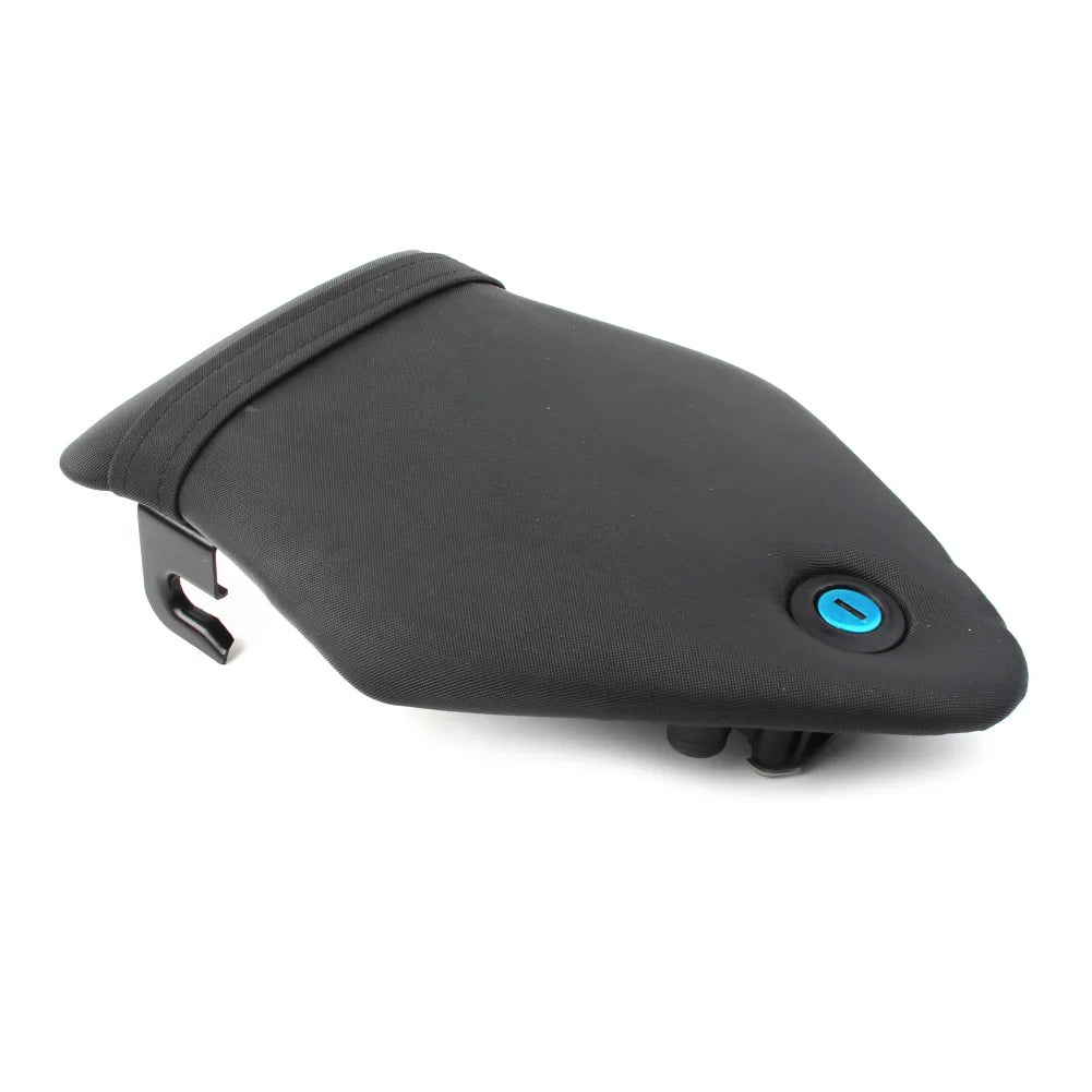 Black motorcycle seat cover accessory with blue detail, quality gift item for street style