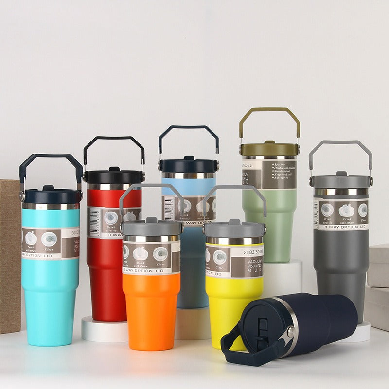 Colorful insulated travel mugs with handles, displayed for sps street style quality gifts