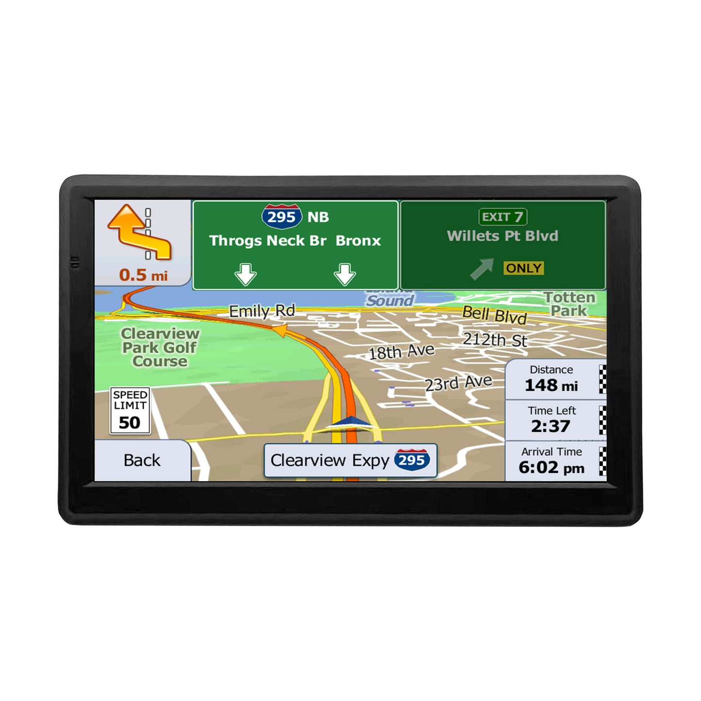 GPS navigation device screen showing directions to Throgs Neck Bridge, Clearview Expy, route guidance