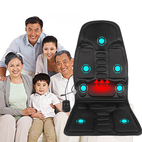 Family seated together beside a black massage seat cover with heating and vibration zones