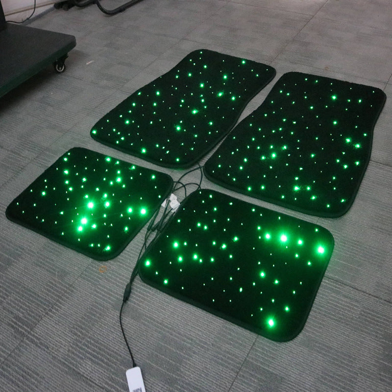 Set of black LED car floor mats with green lights, unique street style gift.