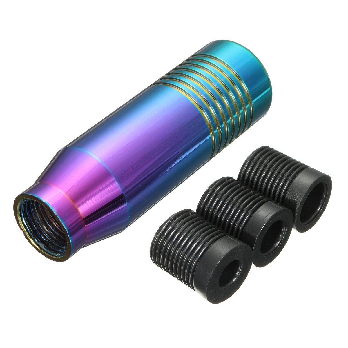 Rainbow metallic shift knob with three black adapters, street style car accessory