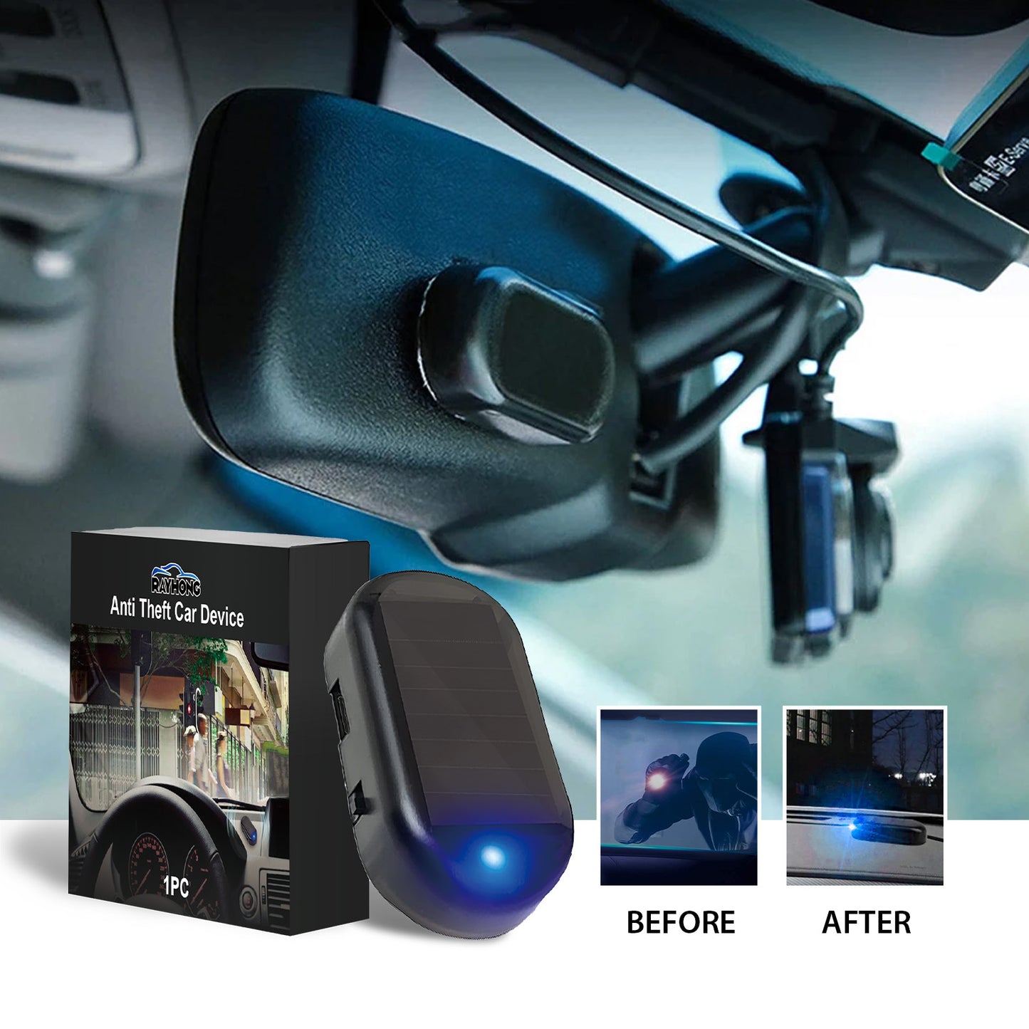 Anti-theft car device with blue LED, packaging, and before-after security images