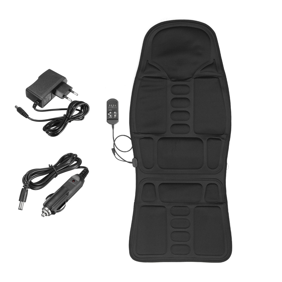 Black massage seat cushion with remote, car and wall power adapters, quality gift item
