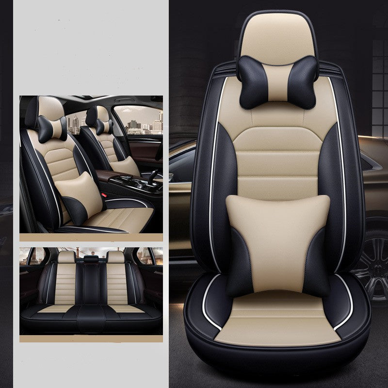 Beige and black car seat covers with headrest and lumbar pillows, stylish interior accessory